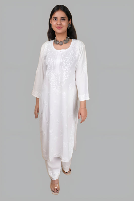 Rohi Women's Exclusive White Straight Rayon Lucknowi Chikankari Kurti & Palazzo Set.