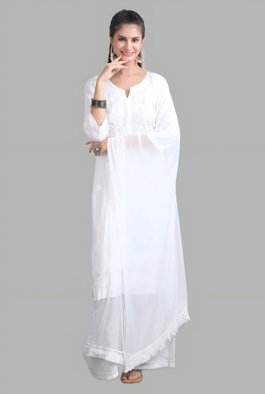 Midhat Women’s White Lucknowi Chikankari Cotton Kurti, Palazzo & Dupatta Set