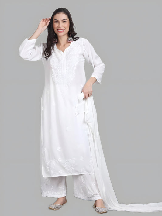 Nikhat White Sophisticated Premium Rayon Chikankari Kurti, Palazzo and Dupatta Set.
