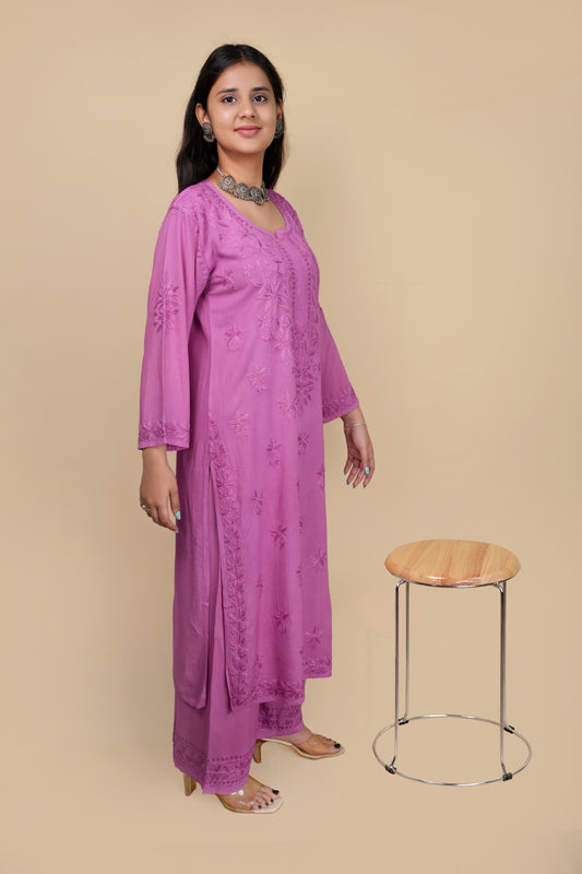 Women's Exclusive Dyed Straight Rayon Lucknowi Chikankari Kurti & Palazzo Set.
