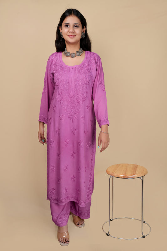 Women's Exclusive Dyed Straight Rayon Lucknowi Chikankari Kurti & Palazzo Set.