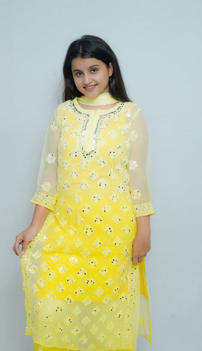 Chiffon Georgette Dyed Real Pasted Mirror Work Kurti, Sharara & Dupatta Set With Free Matching Cotton Inner
