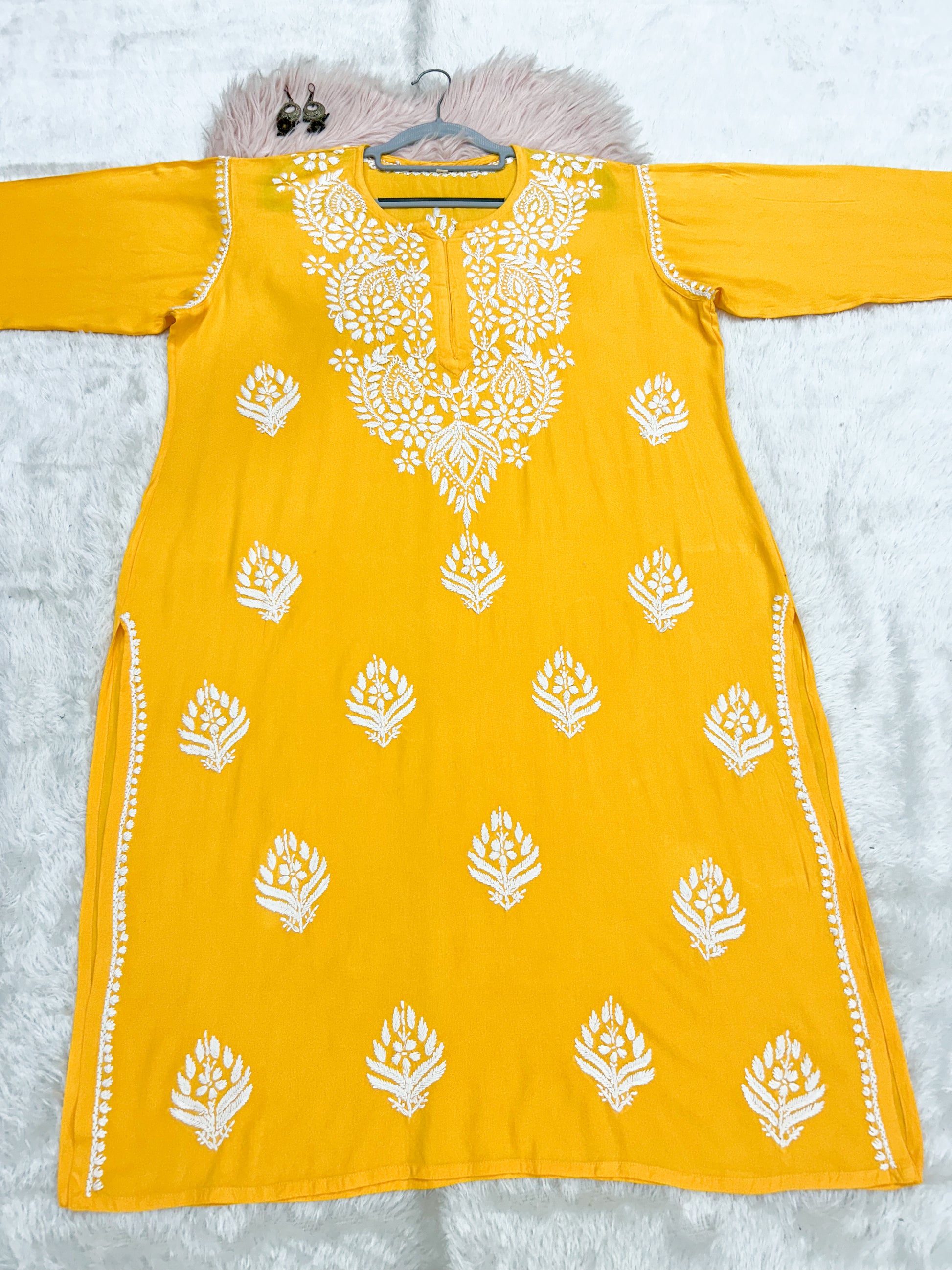 yellow rayon plus size chikankari kurti 2