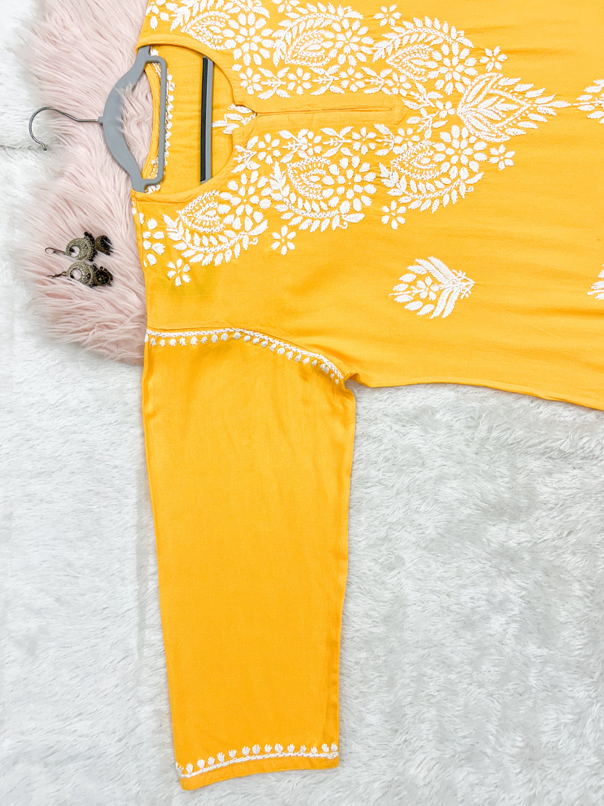 yellow rayon plus size chikankari kurti 3