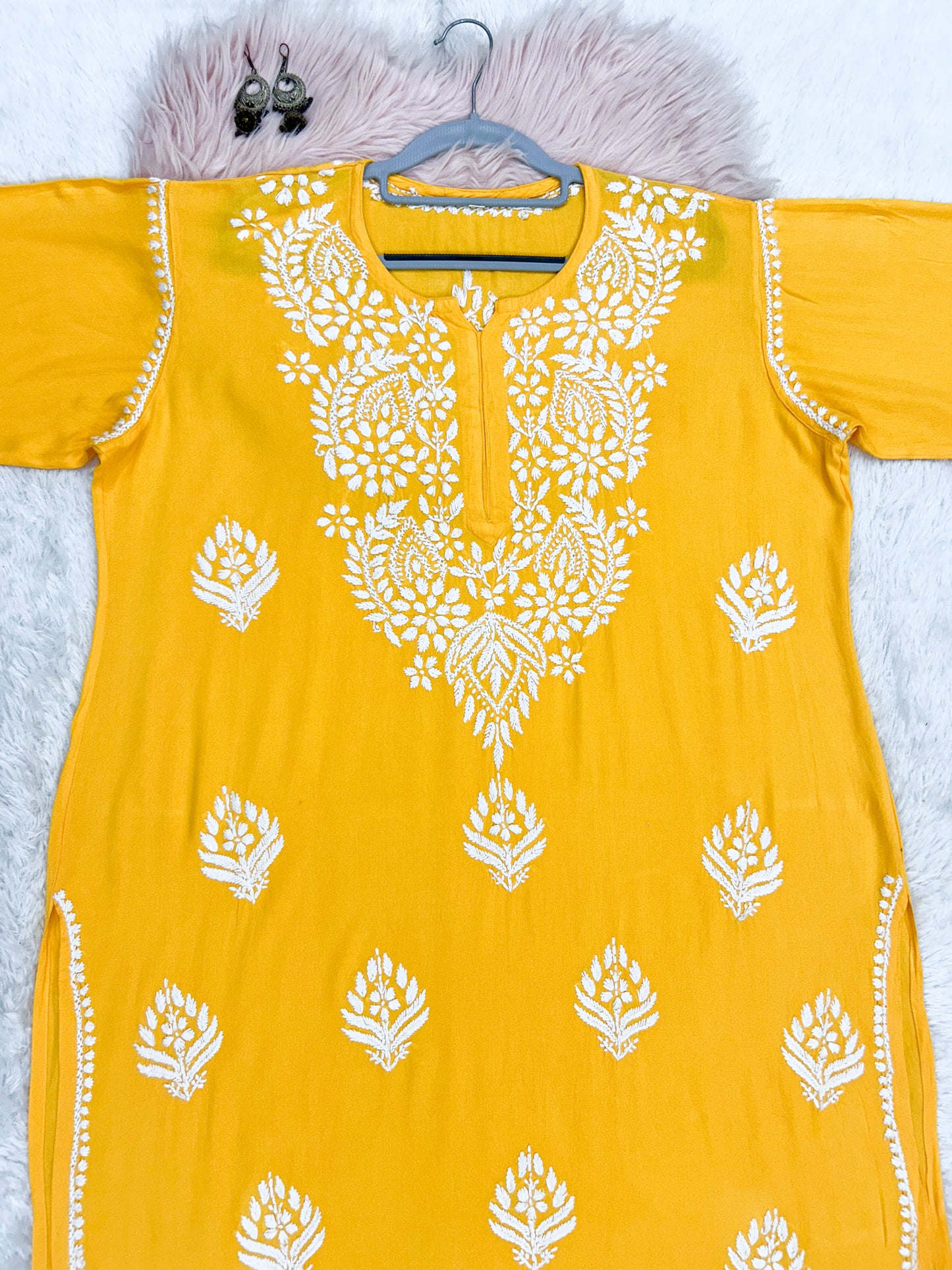 yellow rayon plus size chikankari kurti 4
