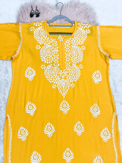 yellow rayon plus size chikankari kurti 4